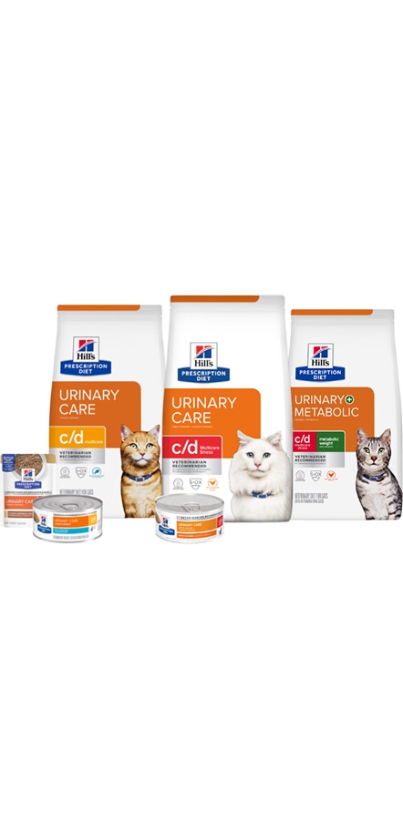 Hill's Prescription Diet Urinary Care cat food bags and cans lineup