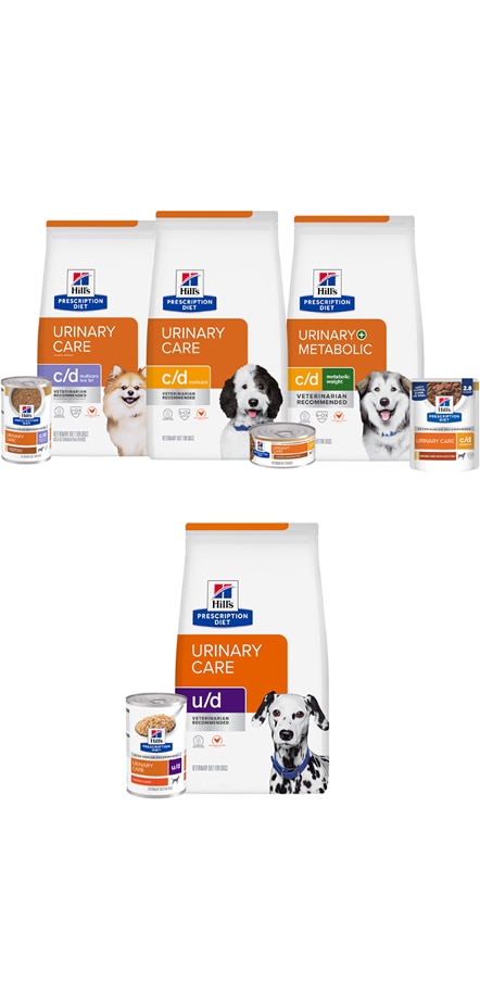 Hill's Prescription Diet Urinary Care dog food bags and cans lineup