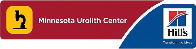 A horizontal banner for Minnesota Urolith Center alongside the Hill's Transforming Lives logo, featuring a microscope icon on the left.