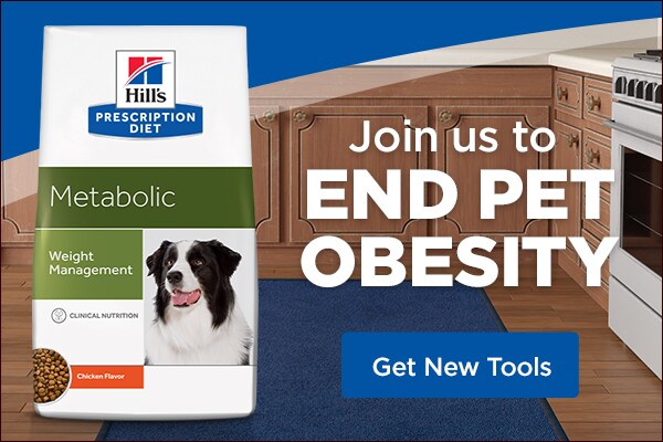 Bag of Hills Prescription Diet Metabolic Weight Management dog food in kitchen. Join us to end pet obesity. Get tools.