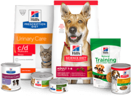 A grouping of Hill’s products including dry food, wet food, and treats.