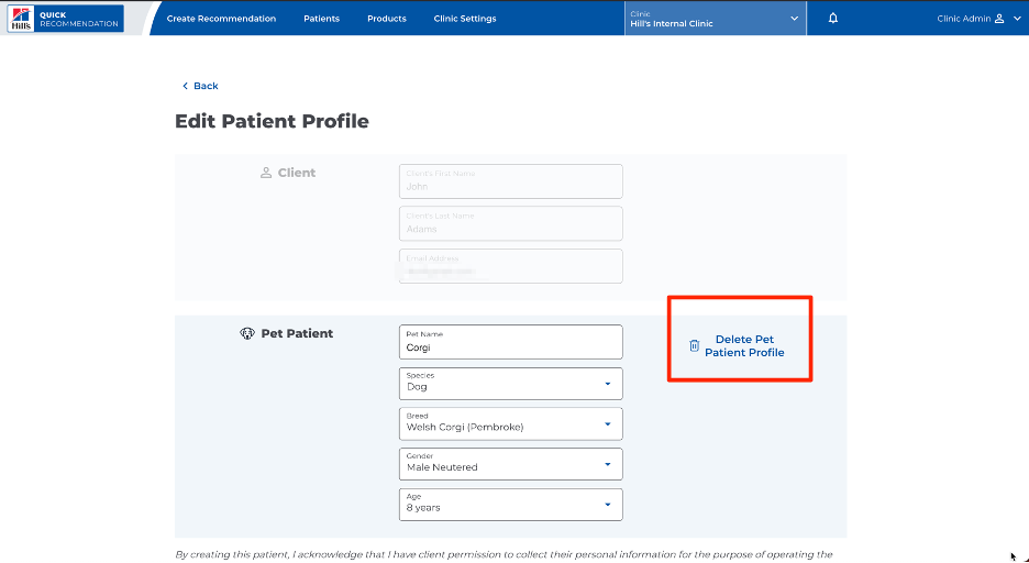 How to delete patient from Client's profile