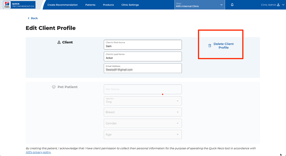 How to delete Client's profile